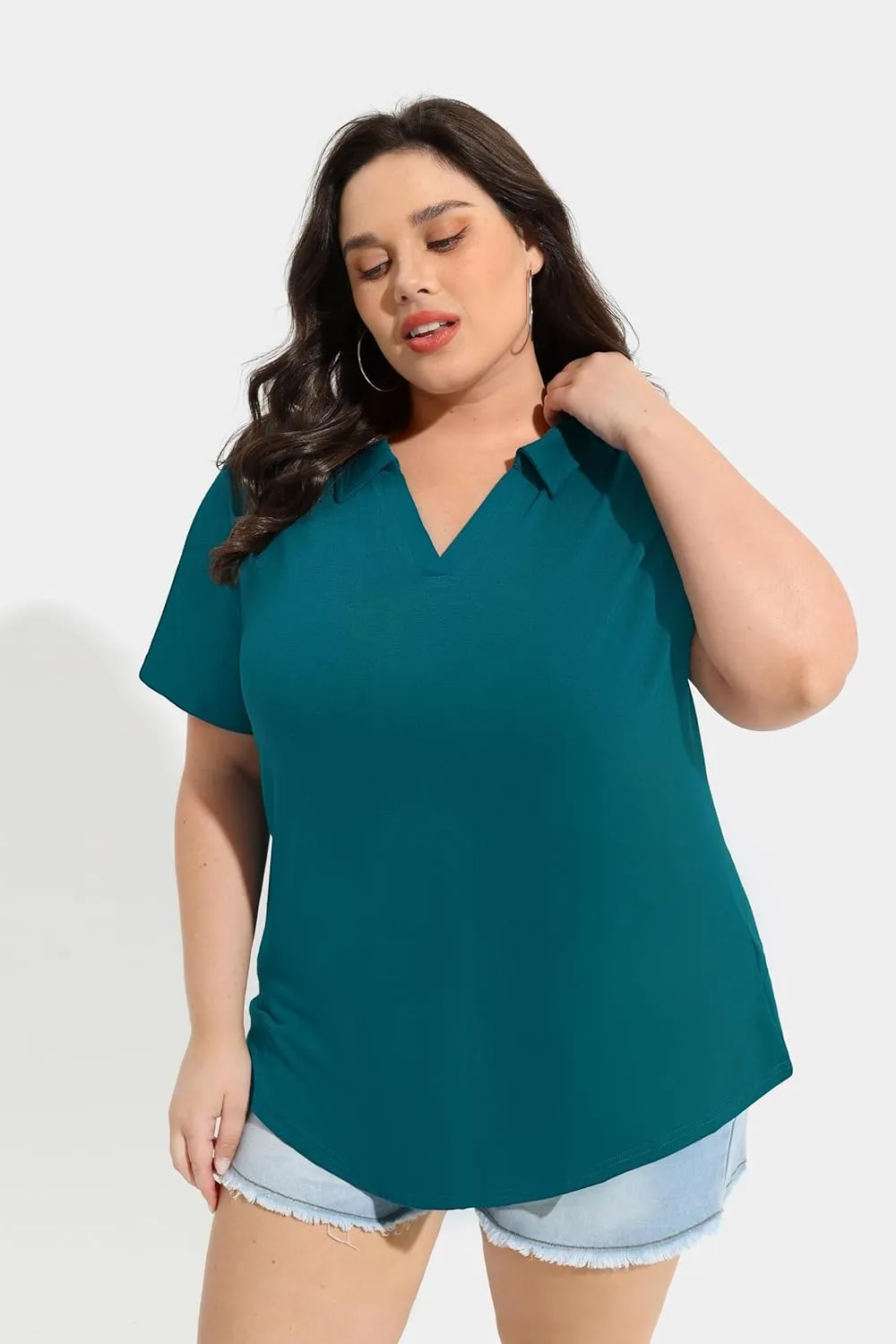 TIYOMI Plus Size Collared Polo Shirts Summer Short Sleeve V Neck Business Tops for Women XL-5XL