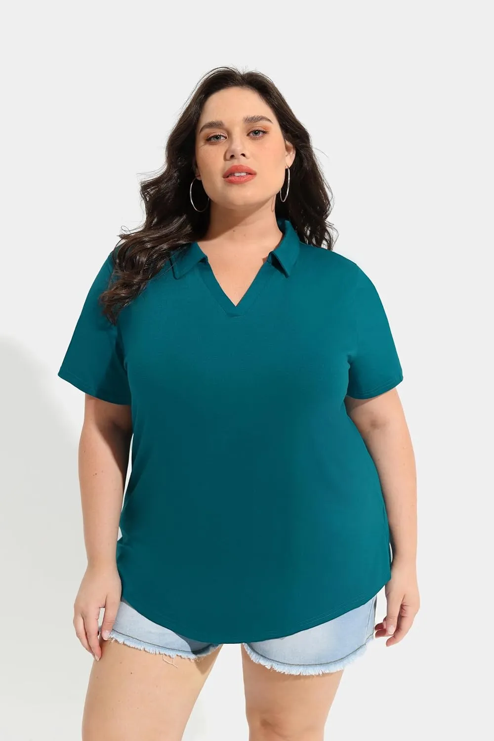 TIYOMI Plus Size Collared Polo Shirts Summer Short Sleeve V Neck Business Tops for Women XL-5XL