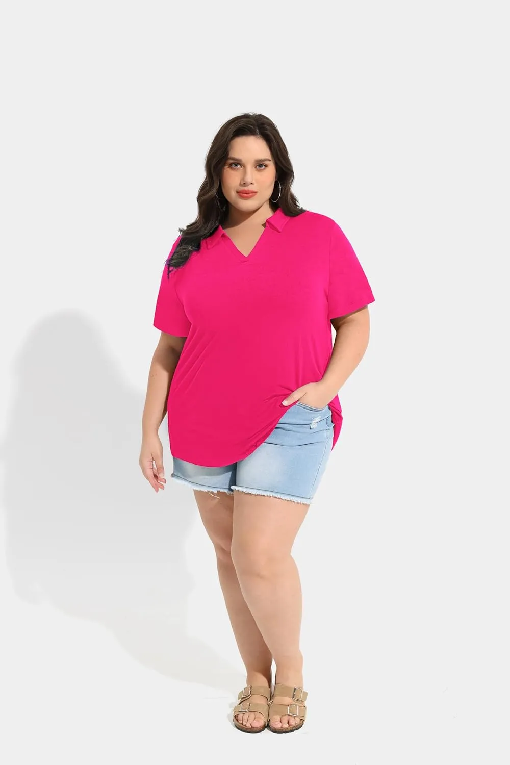 TIYOMI Plus Size Collared Polo Shirts Summer Short Sleeve V Neck Business Tops for Women XL-5XL