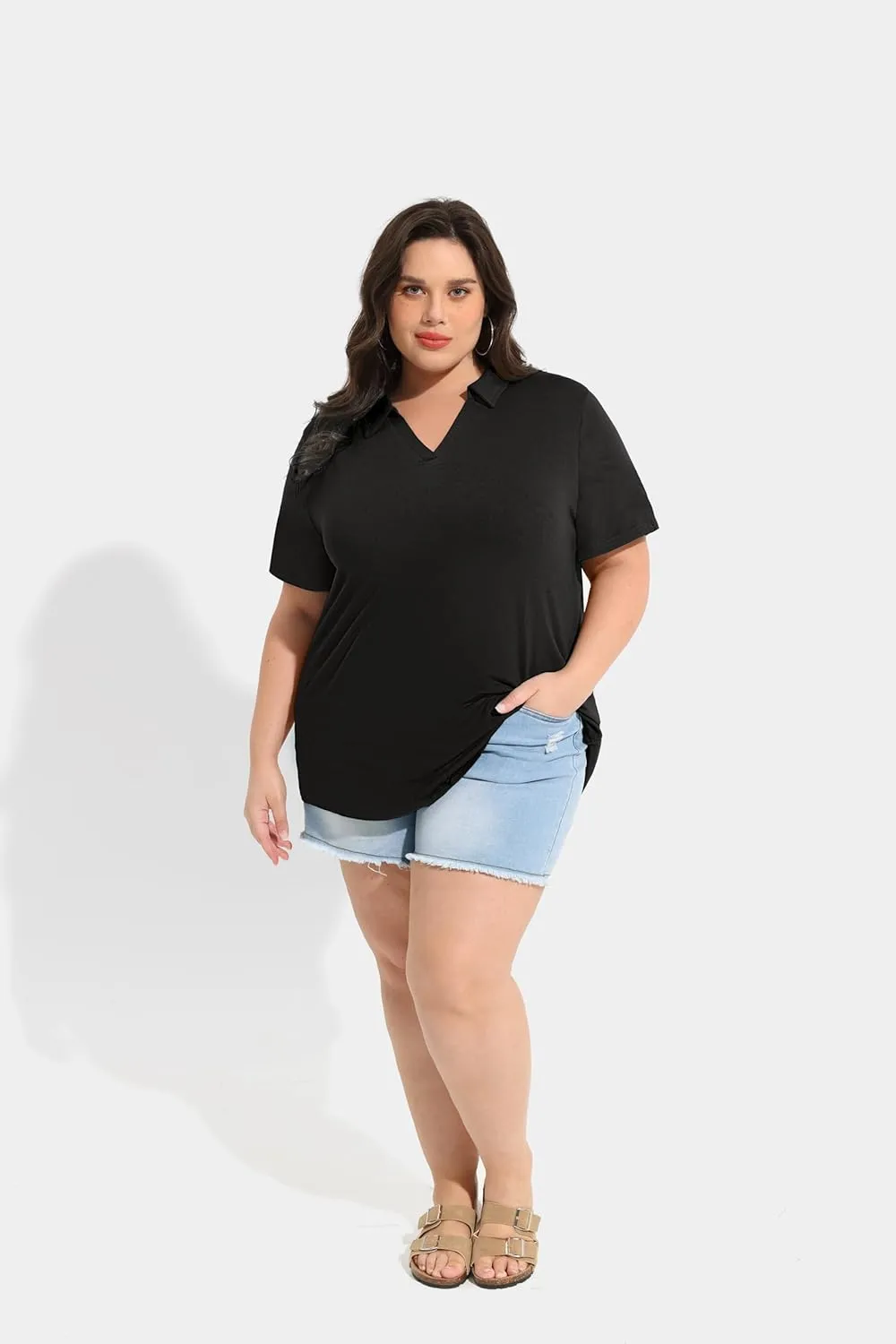 TIYOMI Plus Size Collared Polo Shirts Summer Short Sleeve V Neck Business Tops for Women XL-5XL