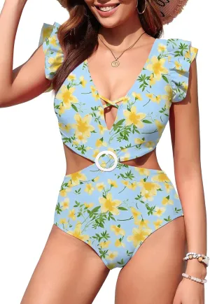 Upopby Women's Sexy Cut Out One Piece Swimsuit Cheeky Bathing Suits Ruffle V Neck Lace Up Backless Monokini Swimwear