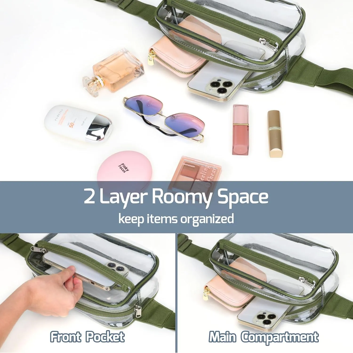 Veckle Clear Fanny Pack - Stadium Approved Clear Belt Bag for Women Large Transparent Waist Bag Crossbody with Adjustable Strap for Sports Events, Concerts, Green