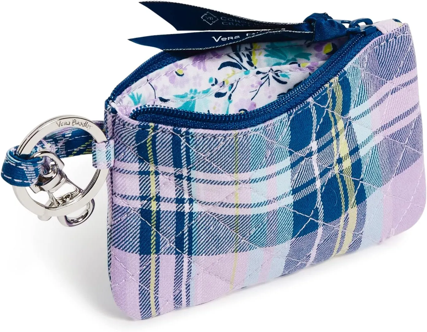 Vera Bradley Women's Cotton Zip ID Case and Lanyard Combo, Amethyst Plaid - Recycled Cotton, One Size