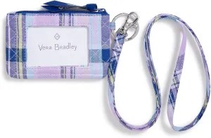 Vera Bradley Women's Cotton Zip ID Case and Lanyard Combo, Amethyst Plaid - Recycled Cotton, One Size