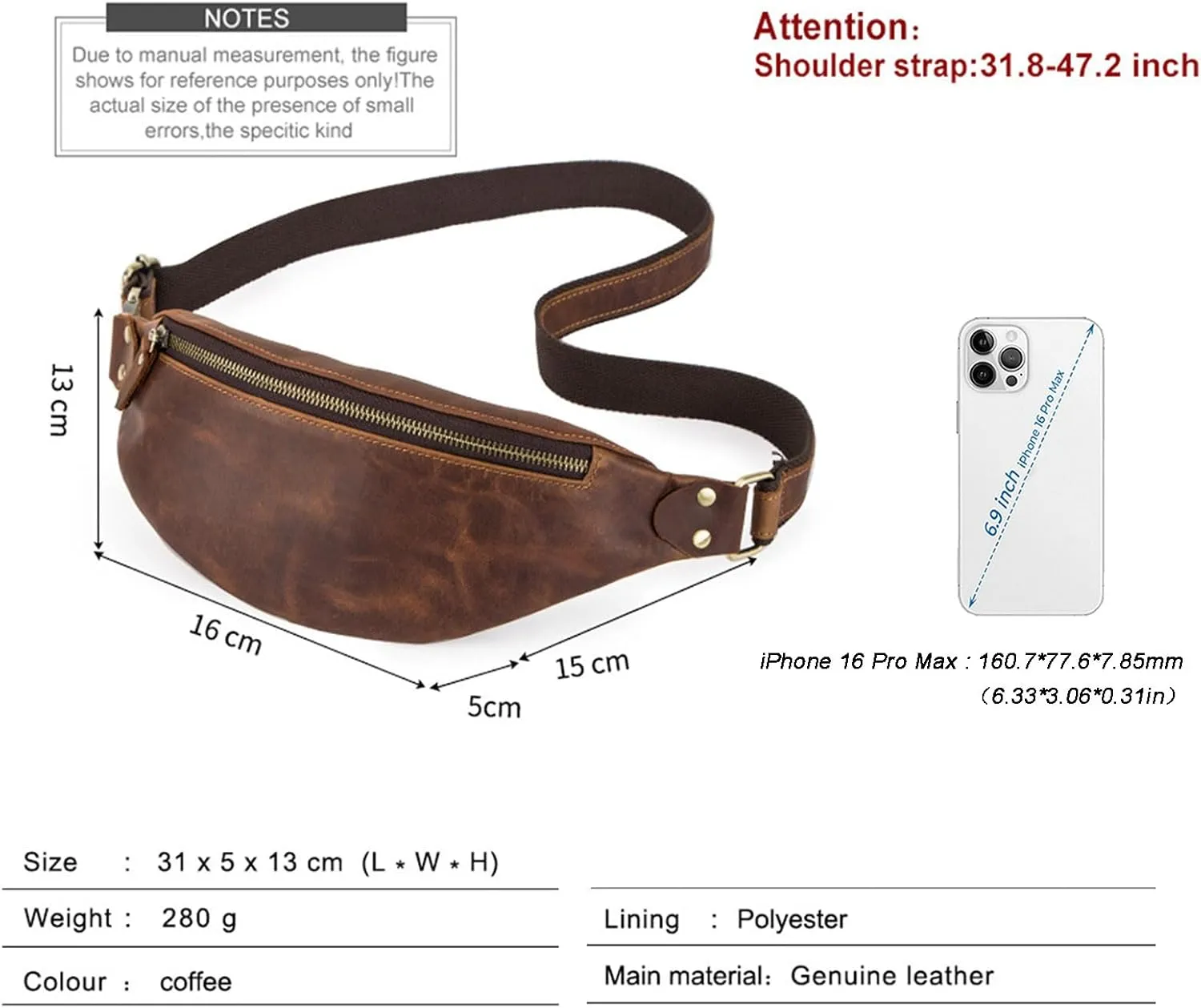 Vintage Men's Genuine Leather Waist Bag Multi-Purpose Crossbody Sling Chest Bag, Adjustable Strap, Casual Fanny Pack for Travel Outdoor (Blue)