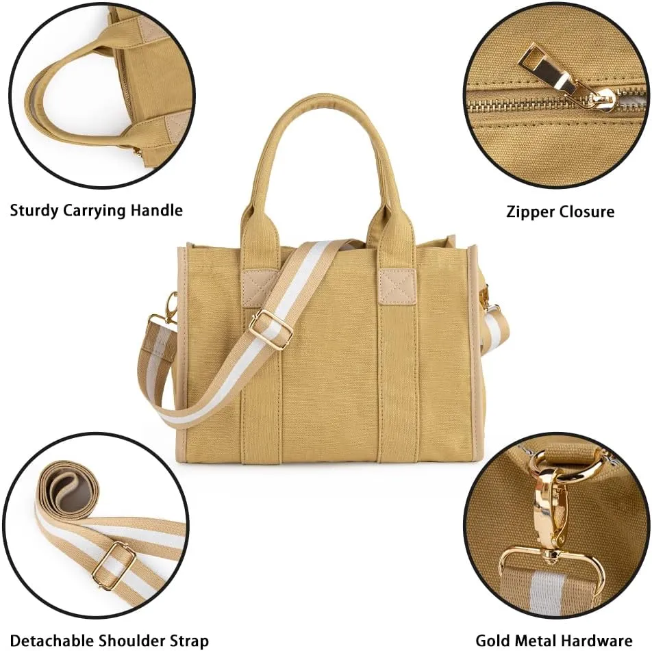 Viva Terry Canvas Tote Bag for Women Casual Crossbody Tote Bag Purse for School and Work with Zipper
