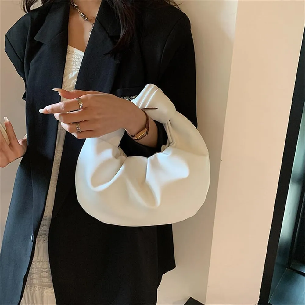 Women Cute Hobo Bag Ruched PU Leather Purse Chic Handbag with Magnetic Closure, White