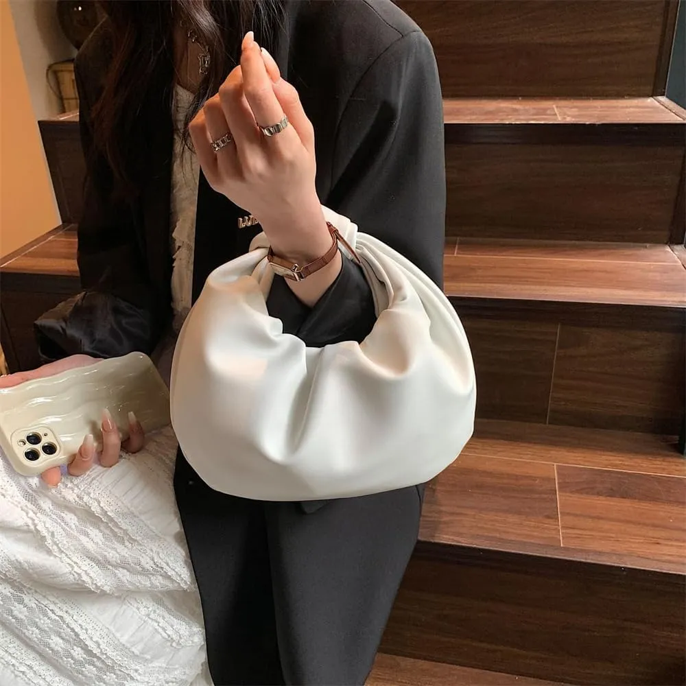 Women Cute Hobo Bag Ruched PU Leather Purse Chic Handbag with Magnetic Closure, White