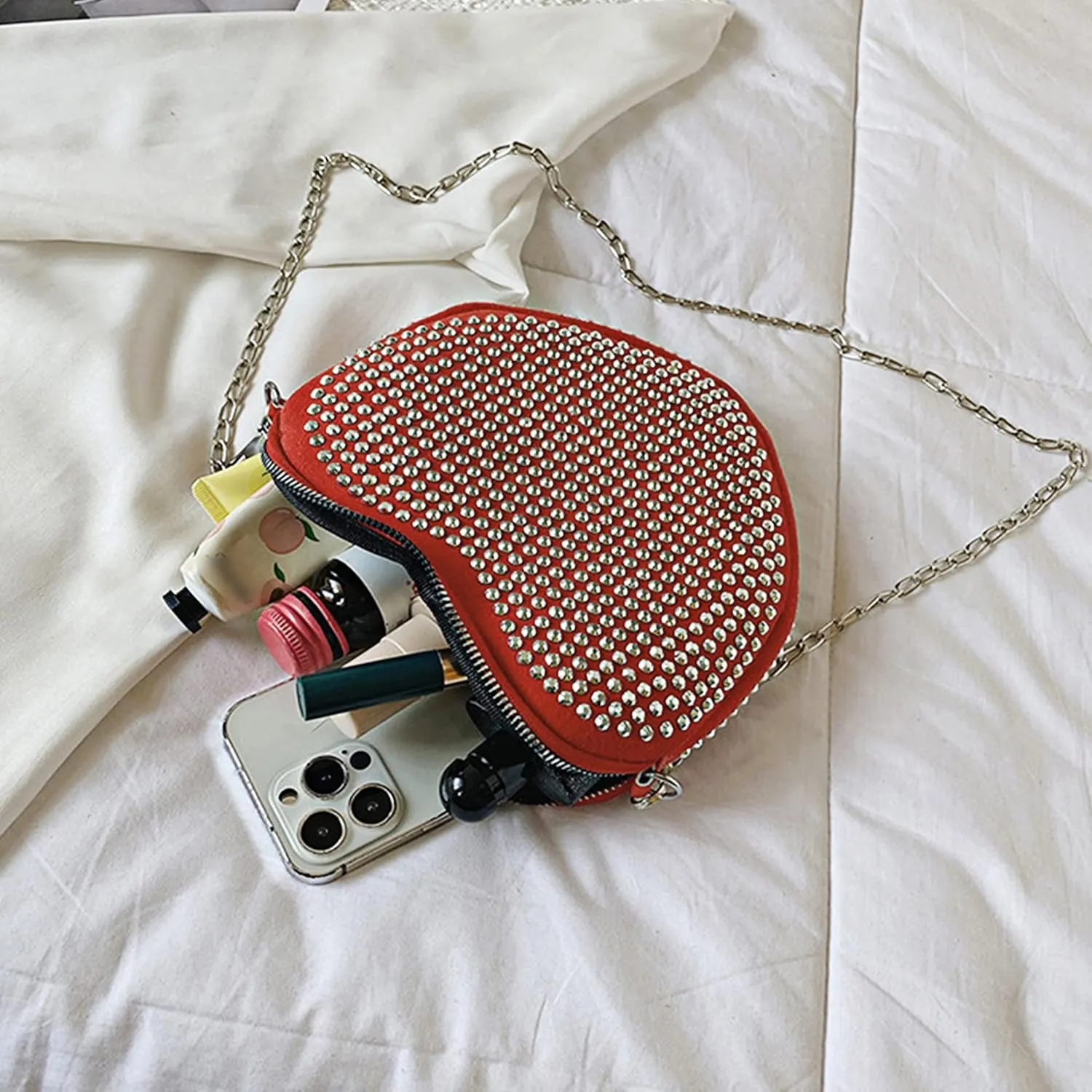 Women Girls Rhinestones Heart Shape Shoulder Bag Cute Clutch Evening Bag Chain Cellphone Purse