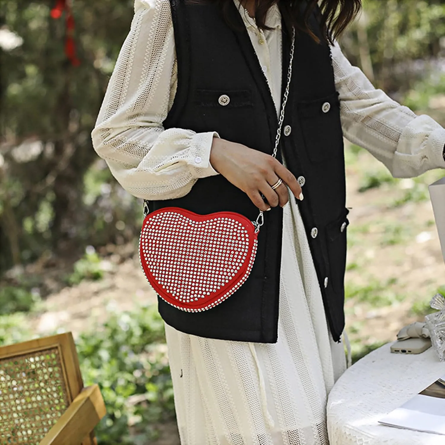 Women Girls Rhinestones Heart Shape Shoulder Bag Cute Clutch Evening Bag Chain Cellphone Purse