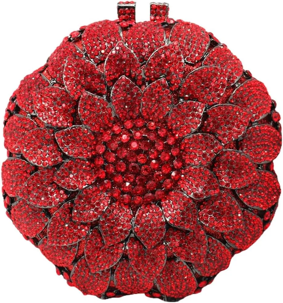 Women Rhinestone Flower Handbag Sunflower Pattern Circular Clutch Purse Cute Shiny Floral Shoulder Party Bag