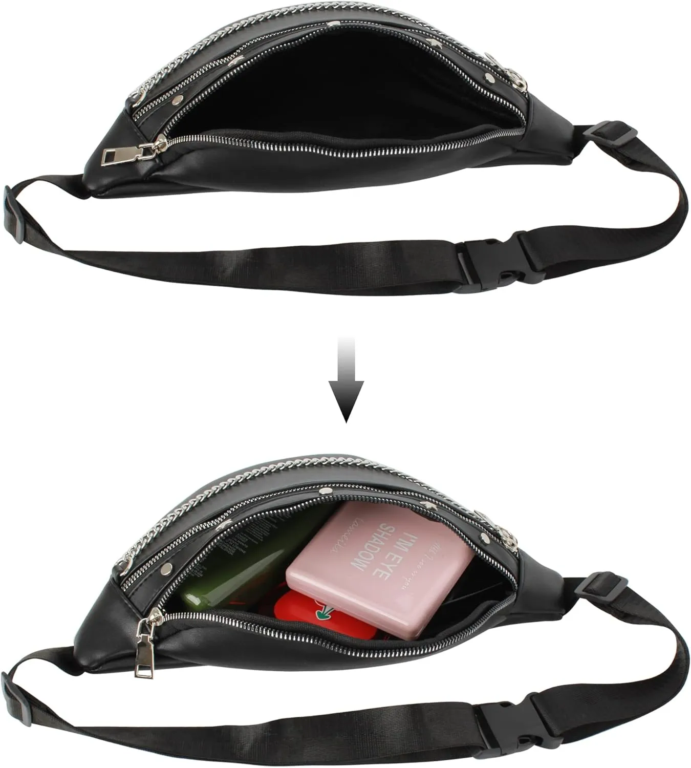 Women Rivet Studded Zipper Pocket Shoulder Purse Faux Leather Waist Packs Rave Chest Bag Festival Fanny Bag Purse Green, 07086Black