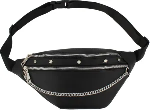 Women Rivet Studded Zipper Pocket Shoulder Purse Faux Leather Waist Packs Rave Chest Bag Festival Fanny Bag Purse Green, 07086Black
