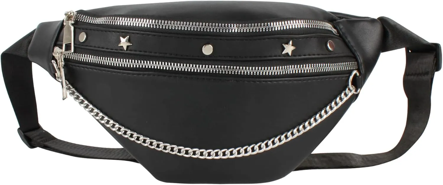 Women Rivet Studded Zipper Pocket Shoulder Purse Faux Leather Waist Packs Rave Chest Bag Festival Fanny Bag Purse Green, 07086Black