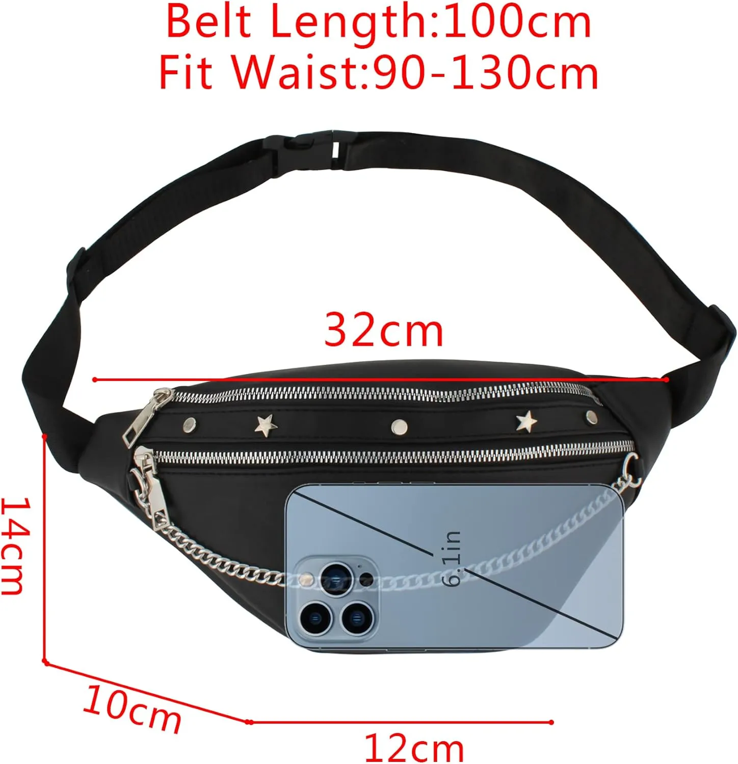 Women Rivet Studded Zipper Pocket Shoulder Purse Faux Leather Waist Packs Rave Chest Bag Festival Fanny Bag Purse Green, 07086Black