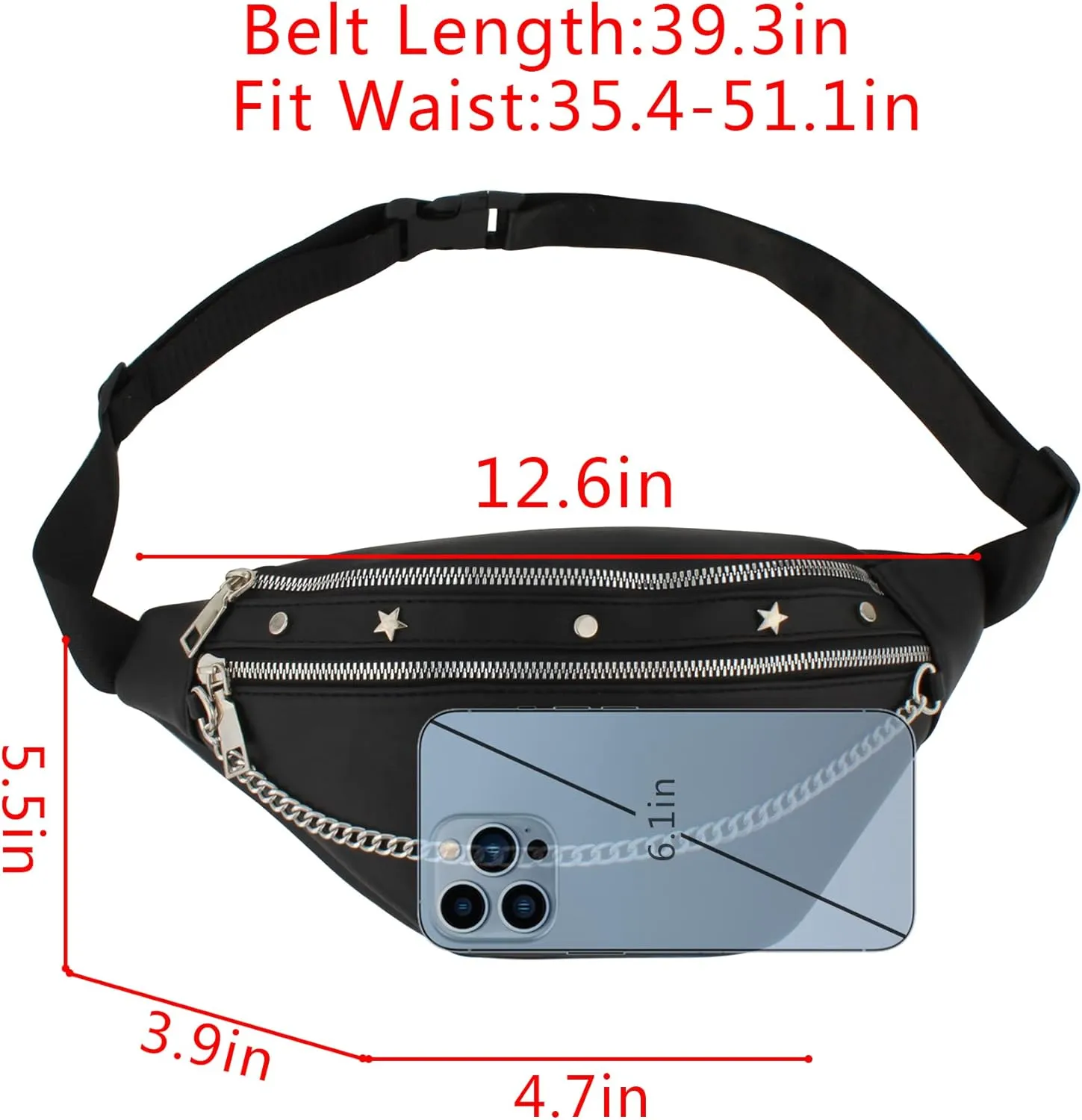 Women Rivet Studded Zipper Pocket Shoulder Purse Faux Leather Waist Packs Rave Chest Bag Festival Fanny Bag Purse Green, 07086Black