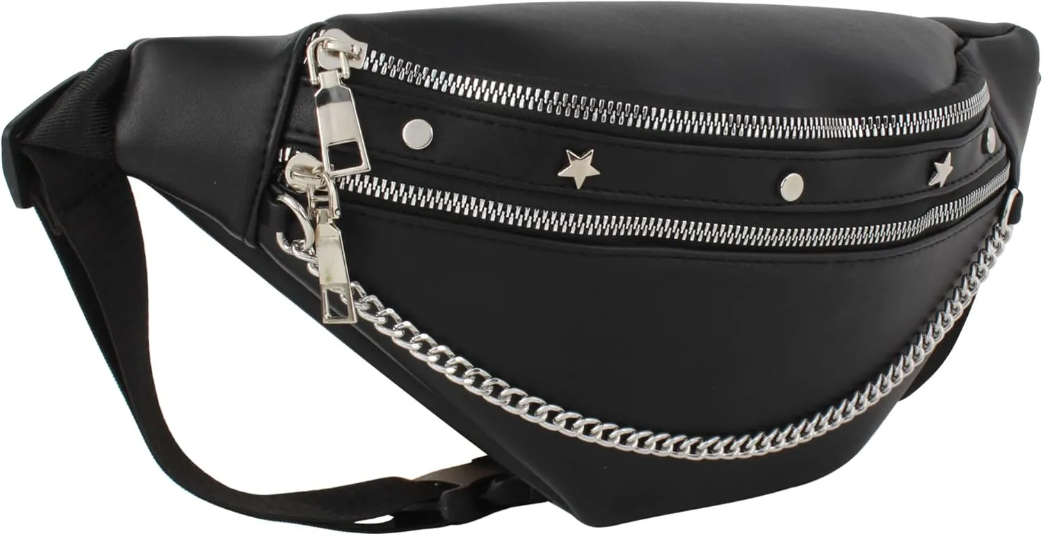 Women Rivet Studded Zipper Pocket Shoulder Purse Faux Leather Waist Packs Rave Chest Bag Festival Fanny Bag Purse Green, 07086Black