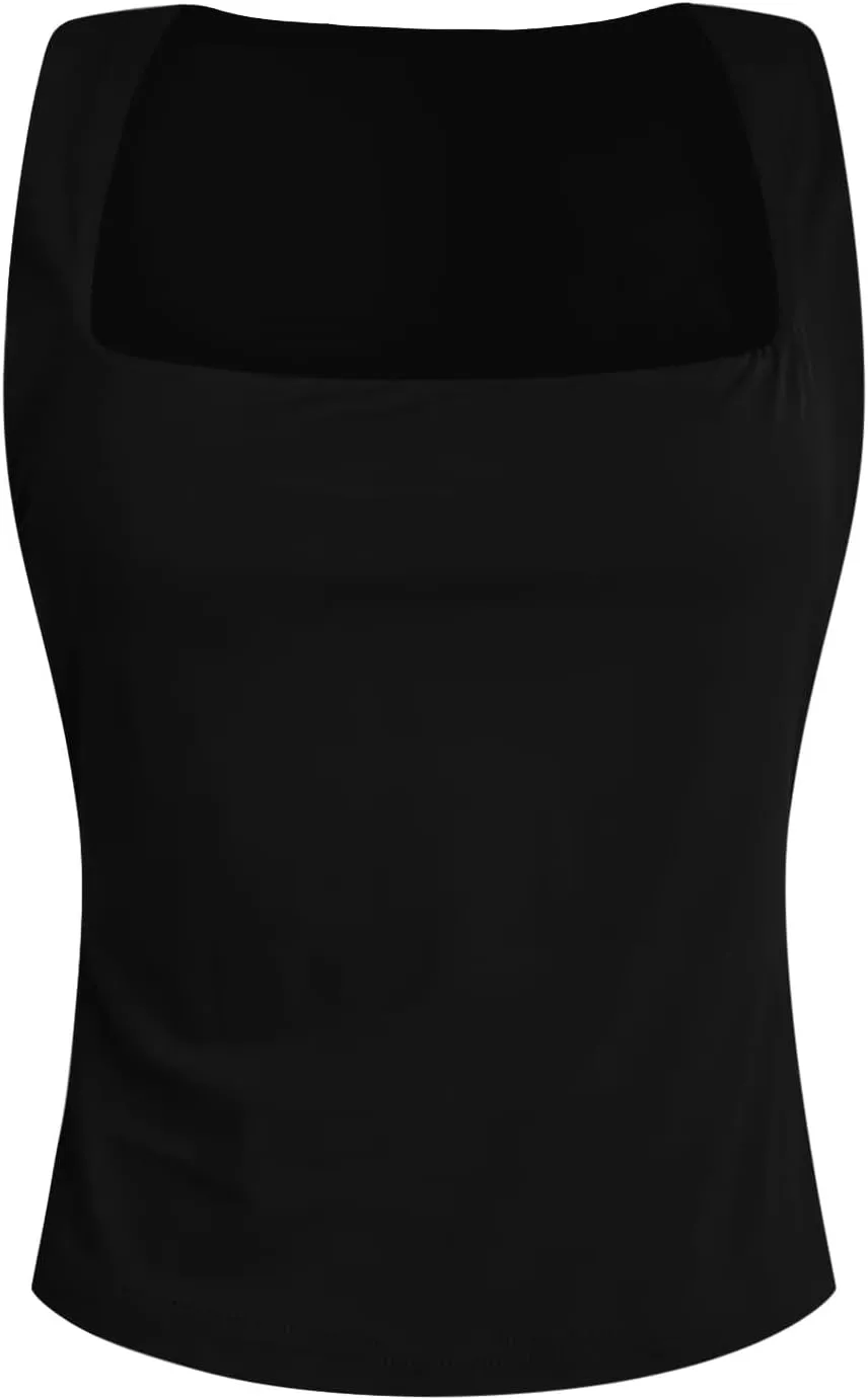 Women Square Neck Sleeveless Double Layer Tight Tank Top For Women Camisole Half Slip