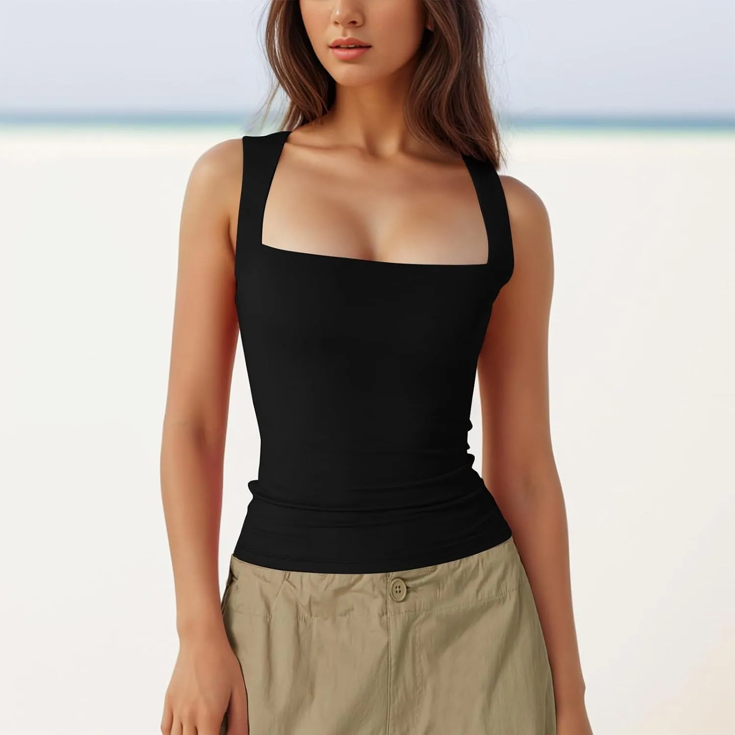 Women Square Neck Sleeveless Double Layer Tight Tank Top For Women Camisole Half Slip