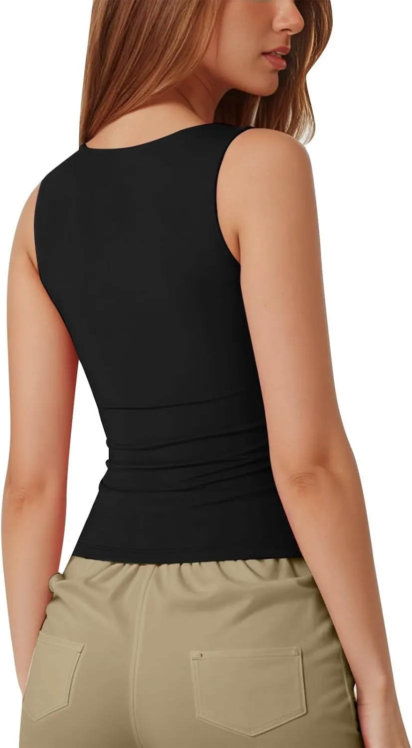 Women Square Neck Sleeveless Double Layer Tight Tank Top For Women Camisole Half Slip