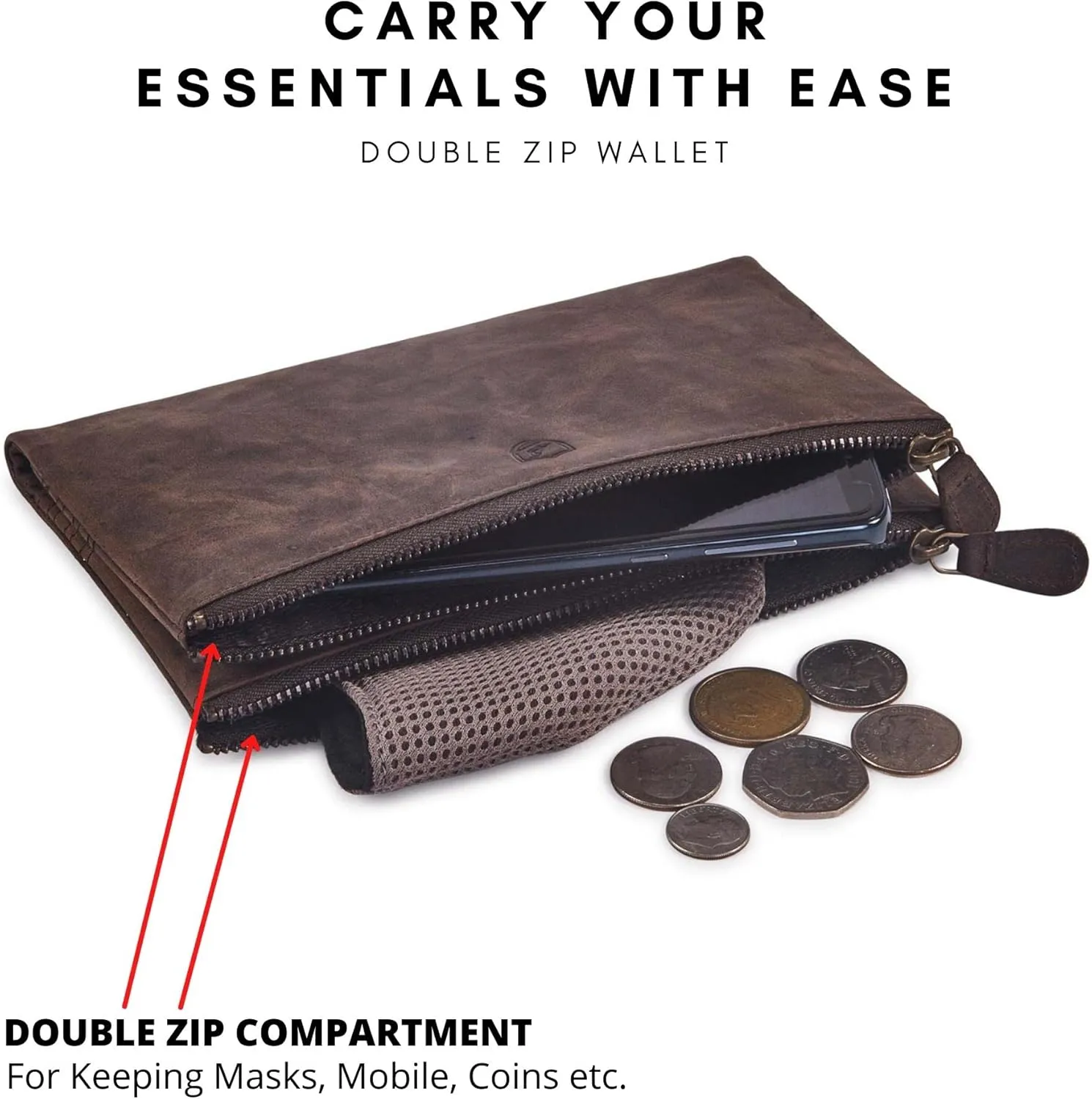 Women Wallet Real Leather Bifold RFID Blocking Clutch Multi Card Case Organiser Pen Mobile Holder Double Zip Compartment pocket with 2 ID Window in Gift Box (Crazy Horse, Coffee)
