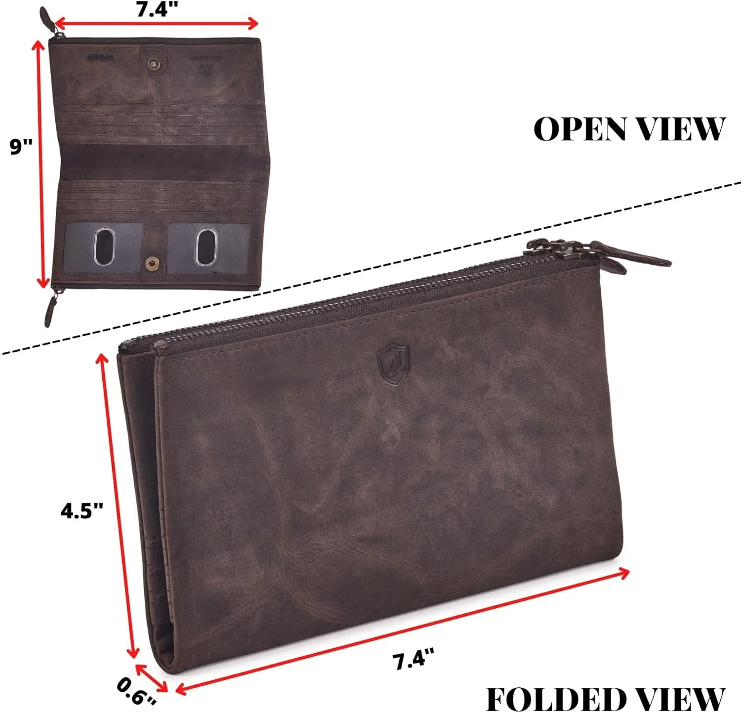 Women Wallet Real Leather Bifold RFID Blocking Clutch Multi Card Case Organiser Pen Mobile Holder Double Zip Compartment pocket with 2 ID Window in Gift Box (Crazy Horse, Coffee)