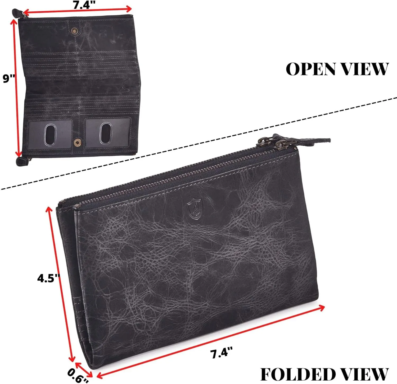 Women Wallet Real Leather Bifold RFID Blocking Clutch Multi Card Case Organiser Pen Mobile Holder Double Zip Compartment pocket with 2 ID Window in Gift Box (Distressed, Anthracite)