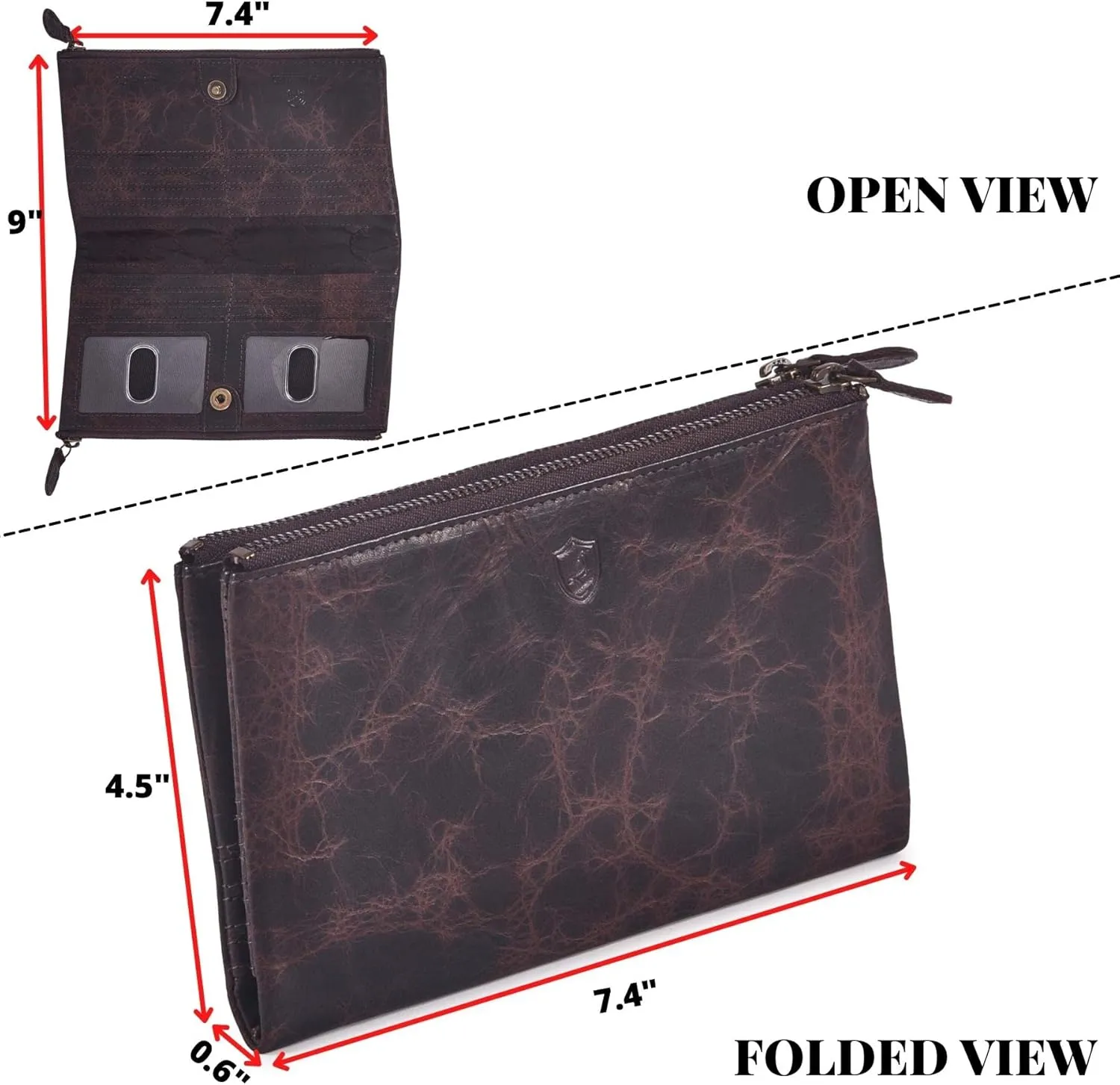 Women Wallet Real Leather Bifold RFID Blocking Clutch Multi Card Case Organiser Pen Mobile Holder Double Zip Compartment pocket with 2 ID Window in Gift Box (Distressed, Espresso)