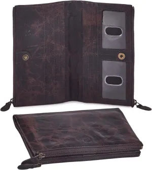 Women Wallet Real Leather Bifold RFID Blocking Clutch Multi Card Case Organiser Pen Mobile Holder Double Zip Compartment pocket with 2 ID Window in Gift Box (Distressed, Espresso)