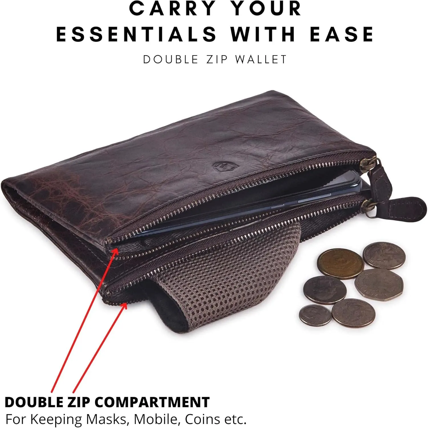 Women Wallet Real Leather Bifold RFID Blocking Clutch Multi Card Case Organiser Pen Mobile Holder Double Zip Compartment pocket with 2 ID Window in Gift Box (Distressed, Espresso)