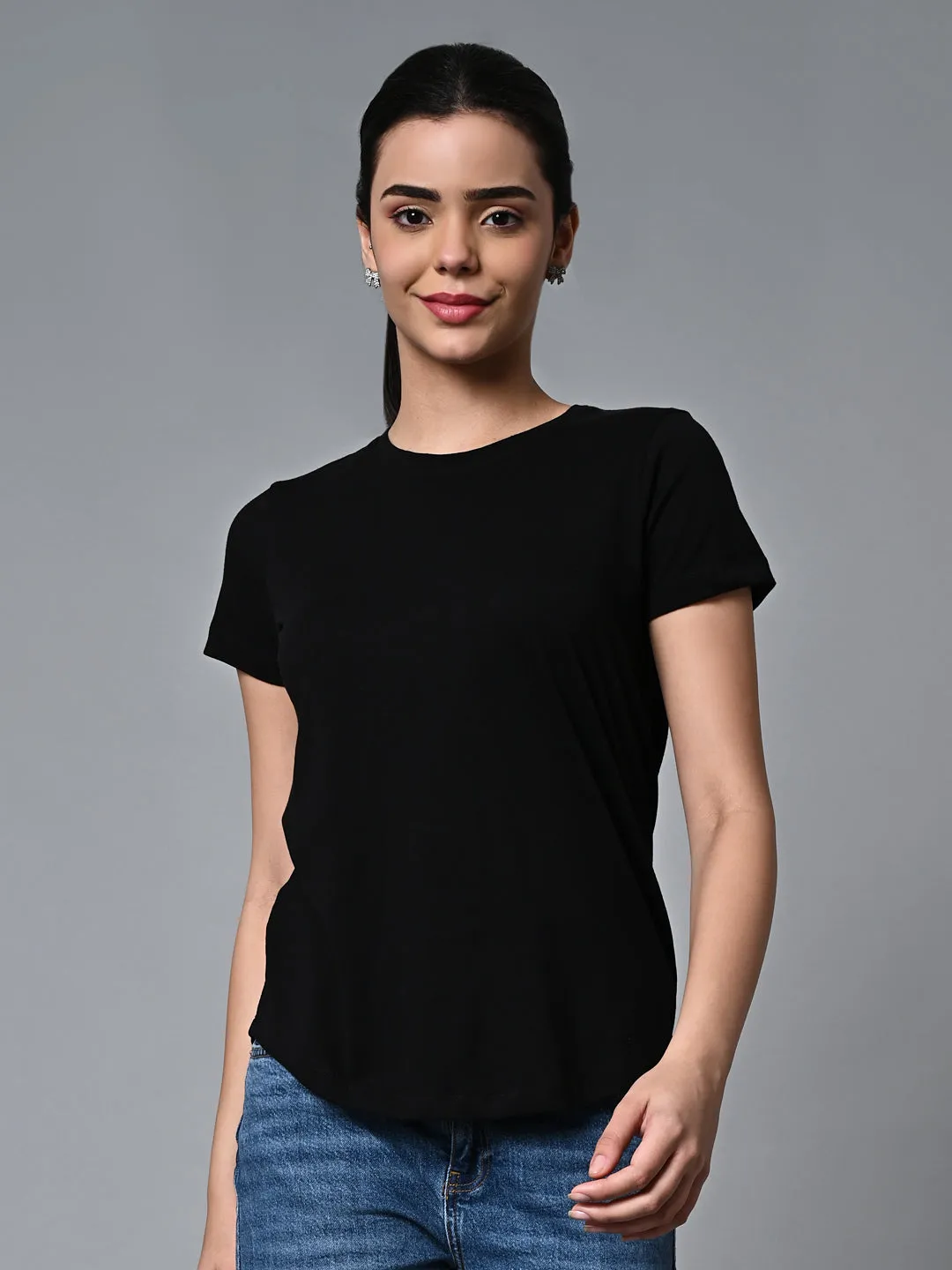 Women's Black Cotton Regular Fit Tshirt