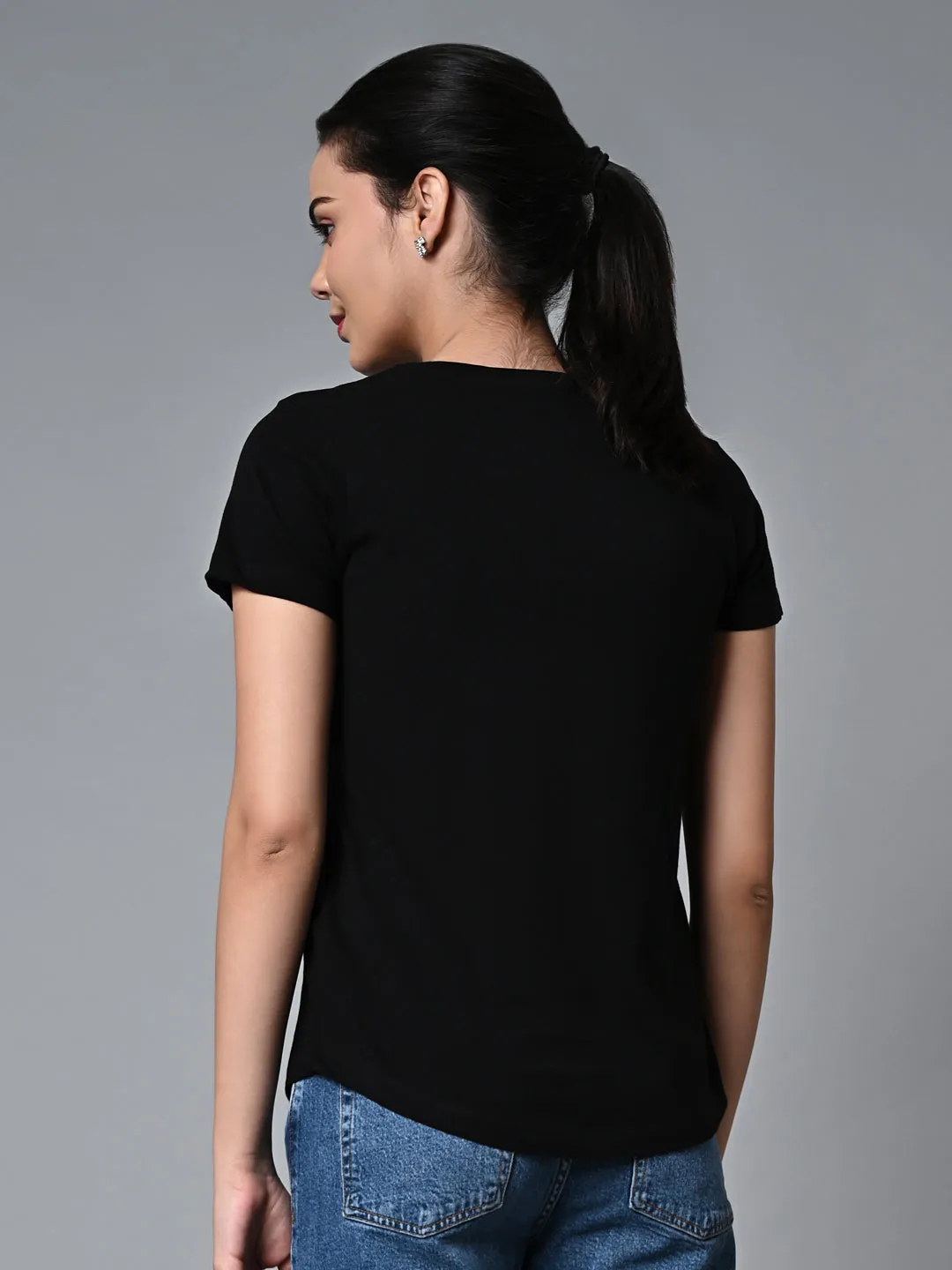 Women's Black Cotton Regular Fit Tshirt