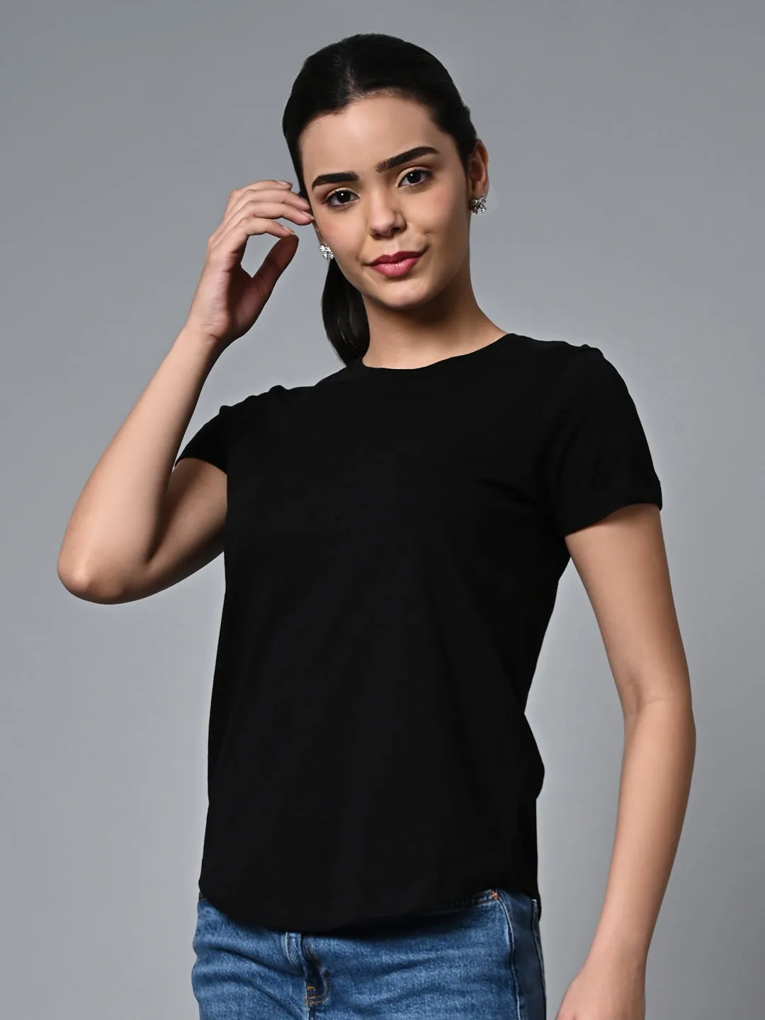 Women's Black Cotton Regular Fit Tshirt