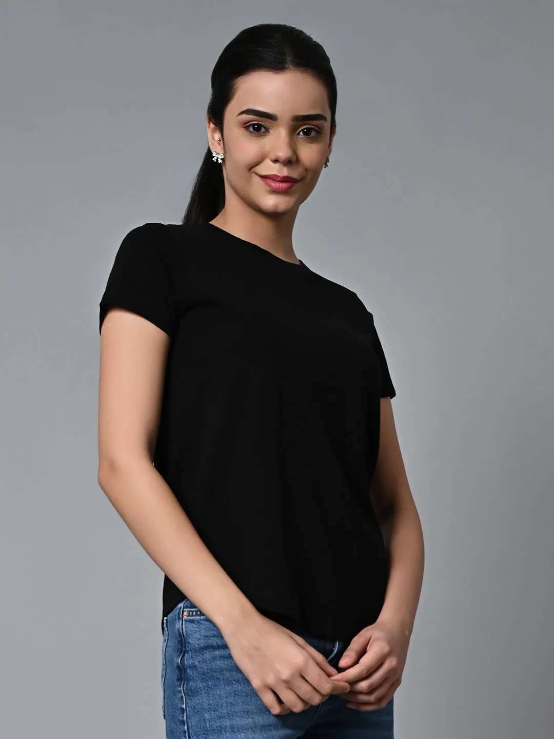 Women's Black Cotton Regular Fit Tshirt