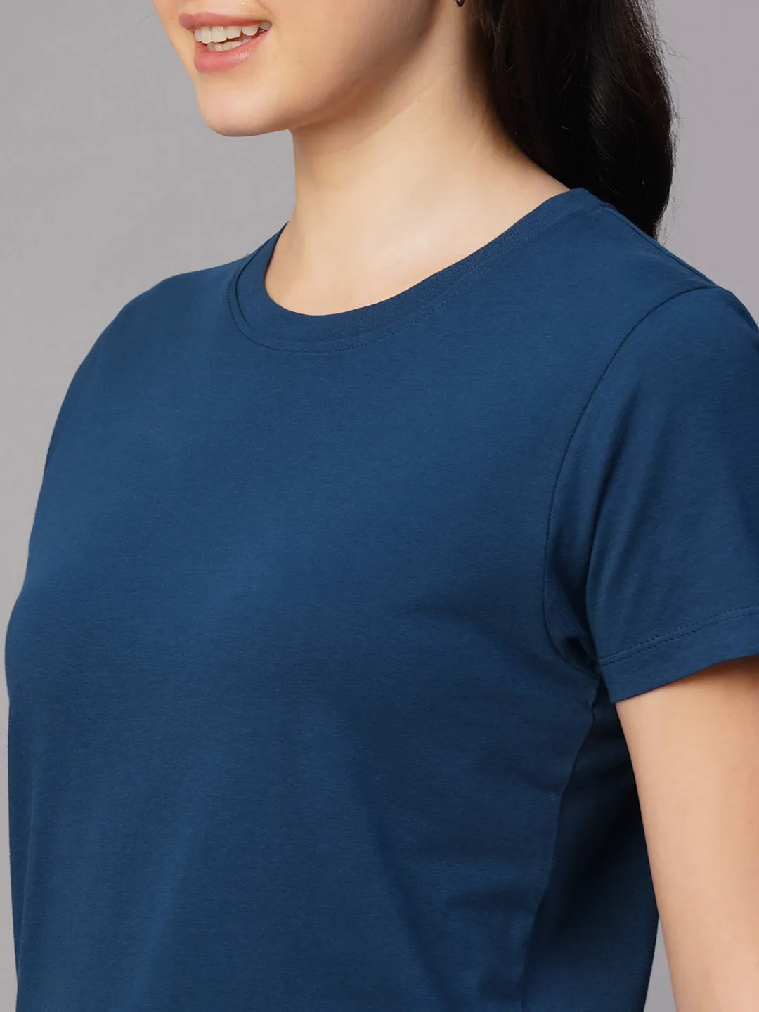 Women's Blue 100% Cotton Regular Fit Tshirt