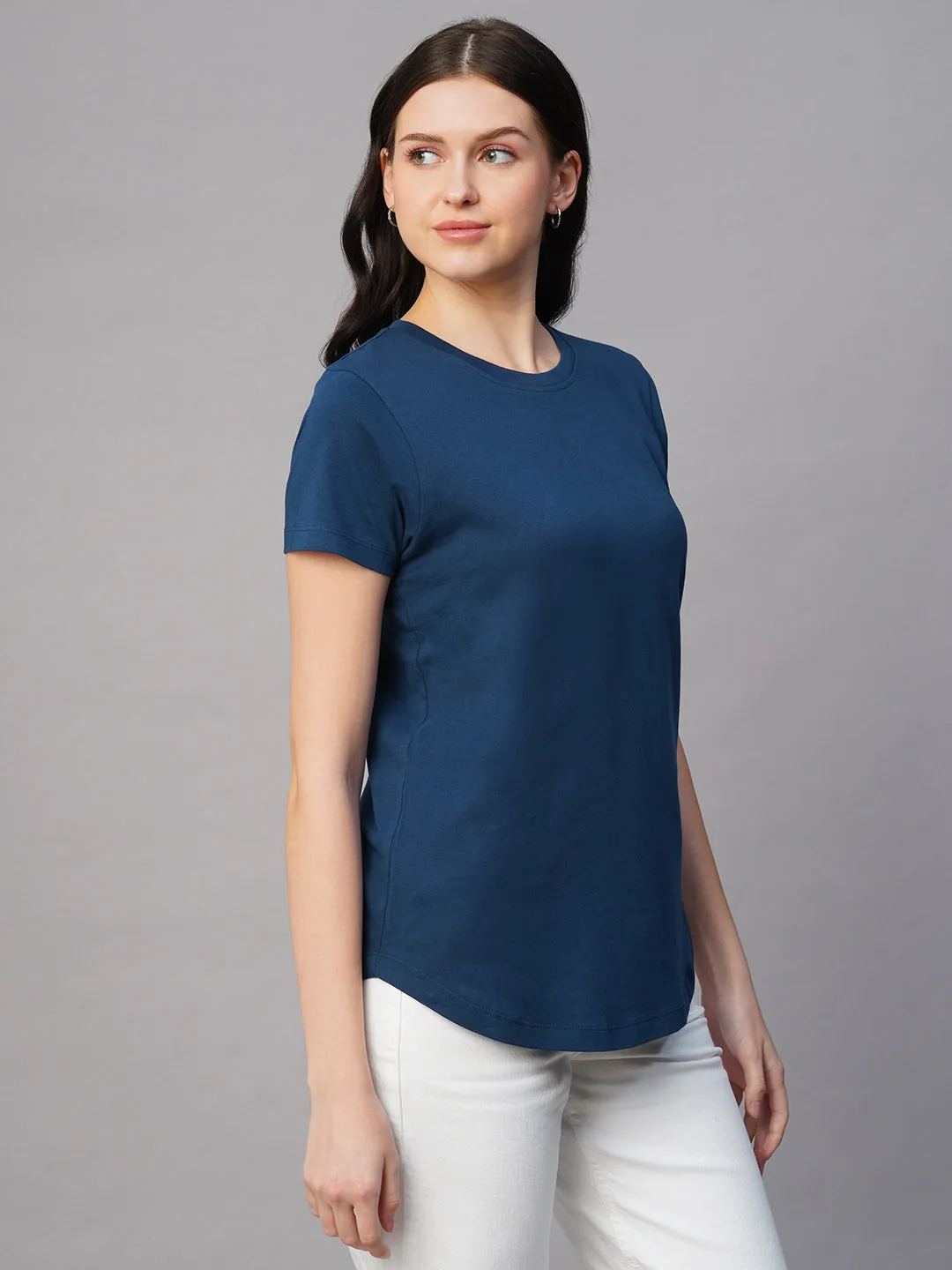 Women's Blue 100% Cotton Regular Fit Tshirt