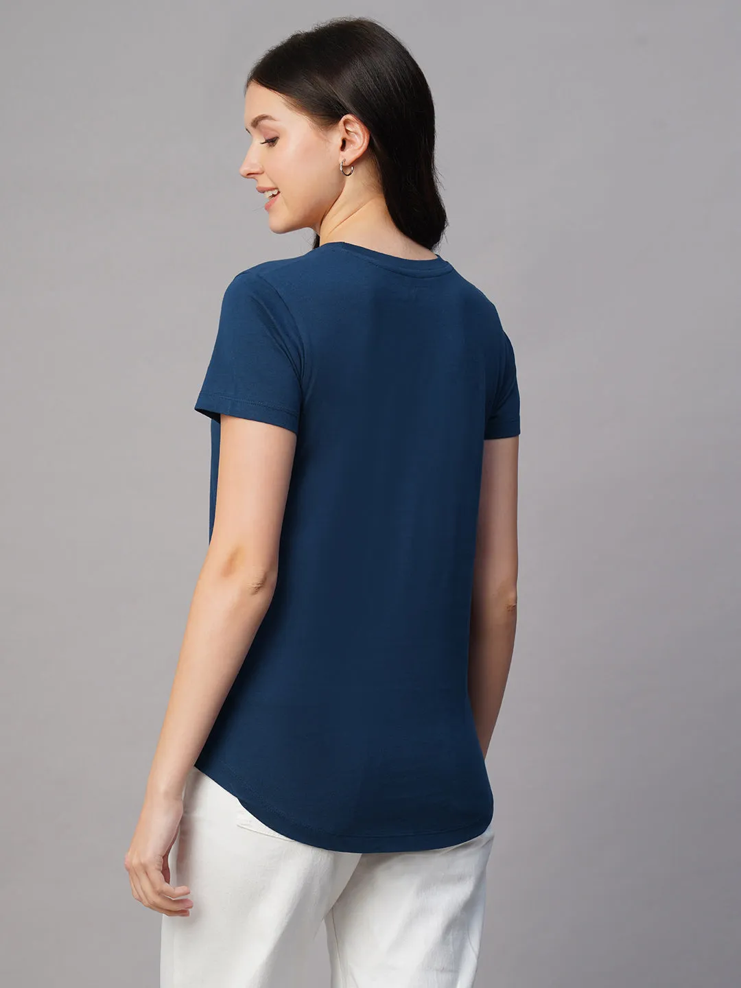 Women's Blue 100% Cotton Regular Fit Tshirt