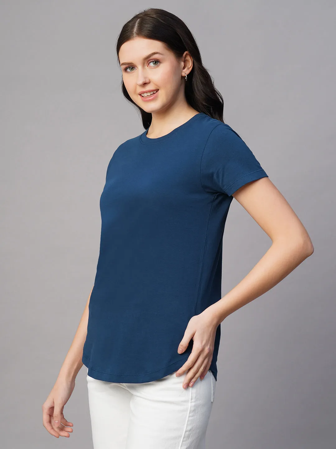 Women's Blue 100% Cotton Regular Fit Tshirt