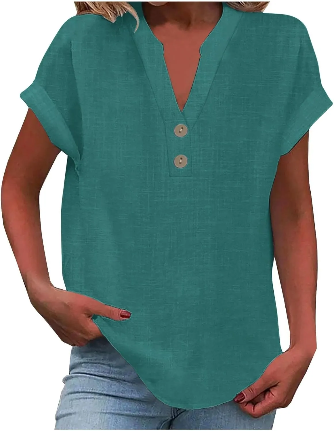 Women's Cotton Linen Cap Sleeve T-Shirt Half Button V Neck Tunic Tops Lounge Baggy 2025 Solid Color Summer Blouses