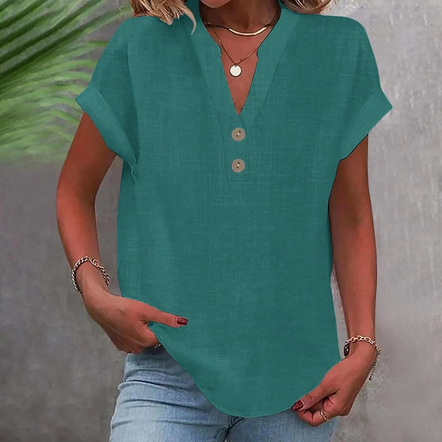 Women's Cotton Linen Cap Sleeve T-Shirt Half Button V Neck Tunic Tops Lounge Baggy 2025 Solid Color Summer Blouses