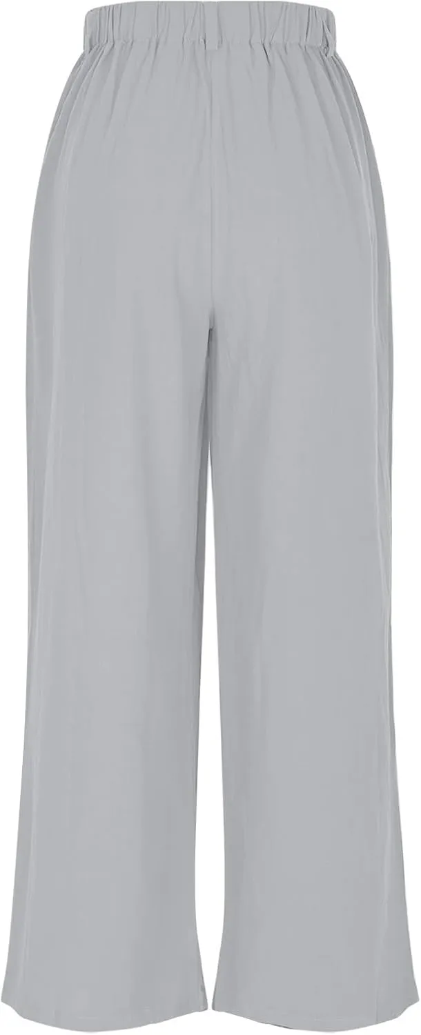 Women's Cotton Linen Pants Solid Color Wide Leg Palazzo Pants High Waist Casual Summer Beach Trousers with Pockets