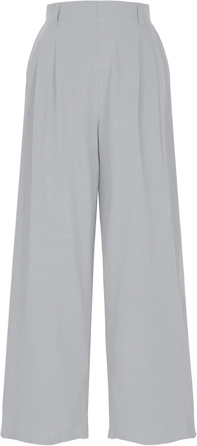 Women's Cotton Linen Pants Solid Color Wide Leg Palazzo Pants High Waist Casual Summer Beach Trousers with Pockets