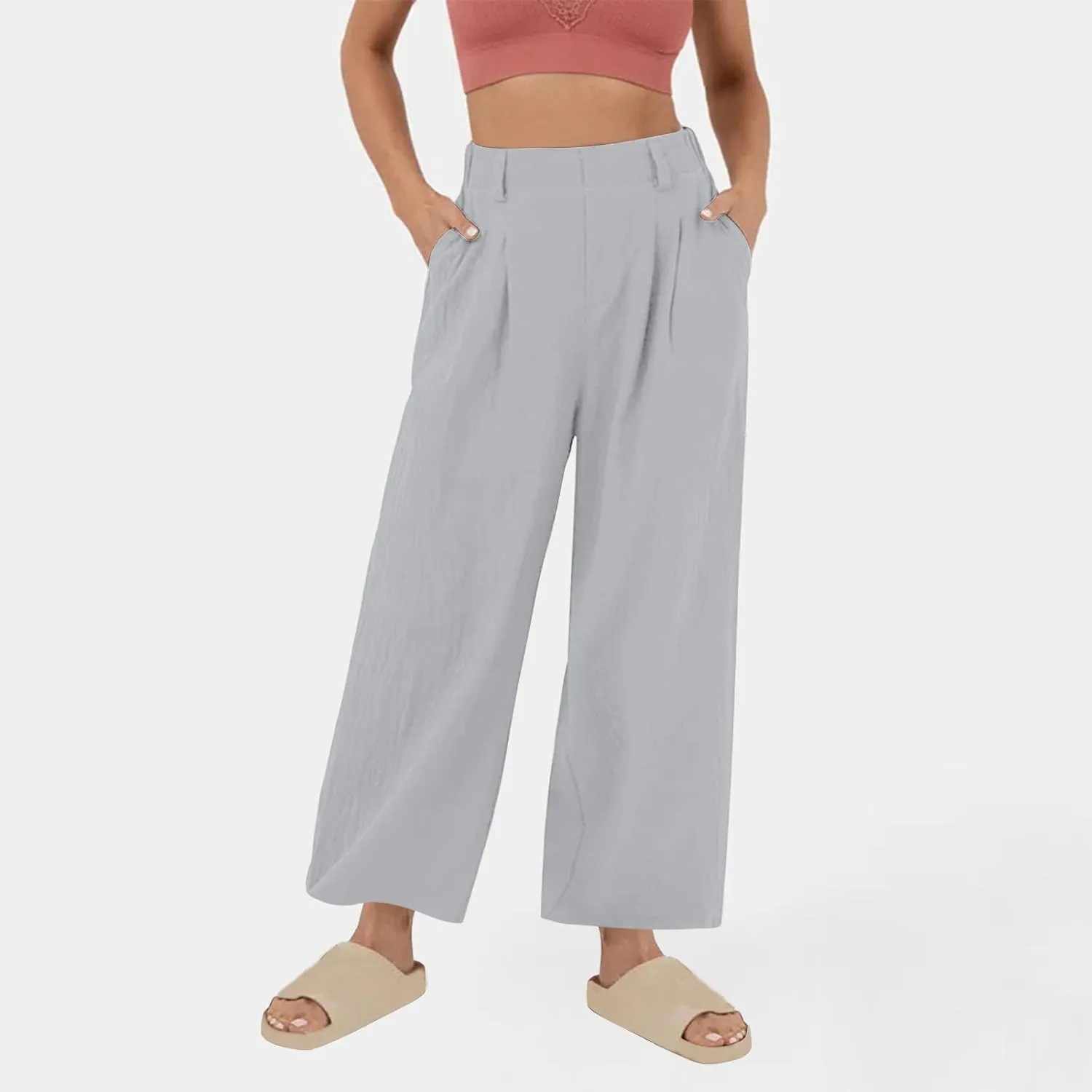 Women's Cotton Linen Pants Solid Color Wide Leg Palazzo Pants High Waist Casual Summer Beach Trousers with Pockets
