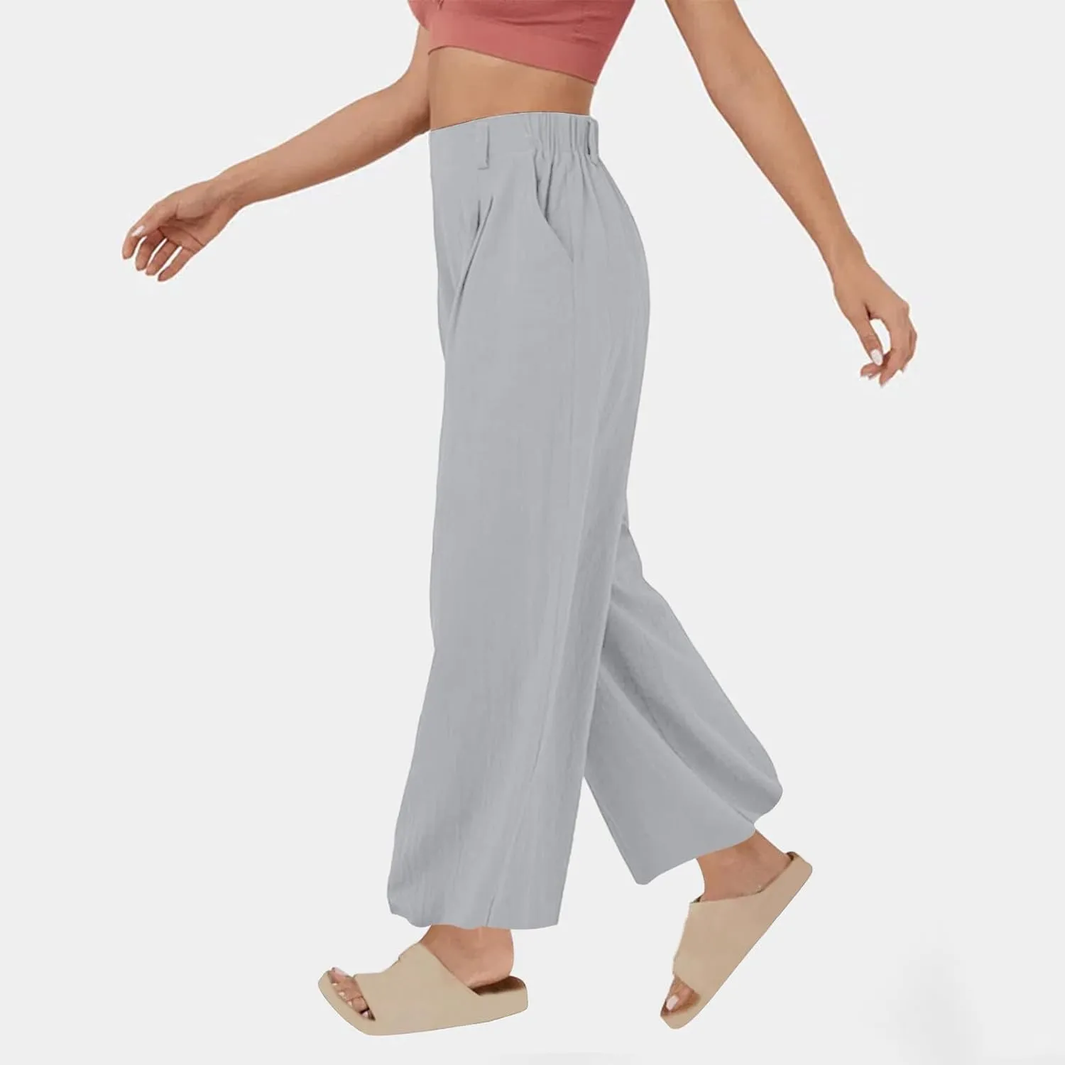 Women's Cotton Linen Pants Solid Color Wide Leg Palazzo Pants High Waist Casual Summer Beach Trousers with Pockets