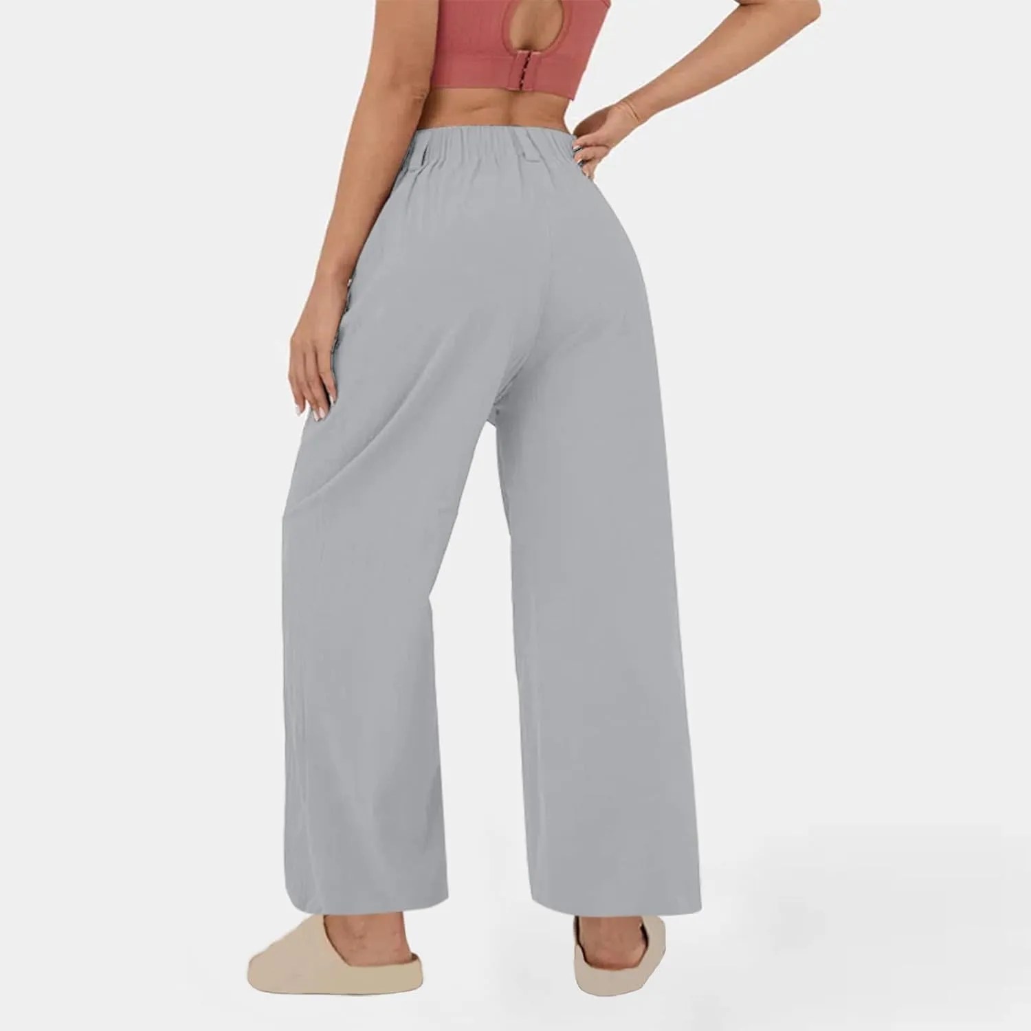 Women's Cotton Linen Pants Solid Color Wide Leg Palazzo Pants High Waist Casual Summer Beach Trousers with Pockets