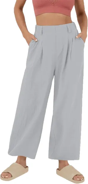 Women's Cotton Linen Pants Solid Color Wide Leg Palazzo Pants High Waist Casual Summer Beach Trousers with Pockets