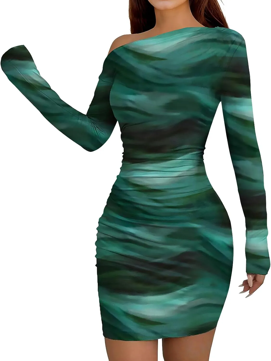Women's Long Sleeve Bodycon Mini Dress Tie Dye Print Slim Fit Asymmetrical Neck Elegant Formal Ruched Short Dresses