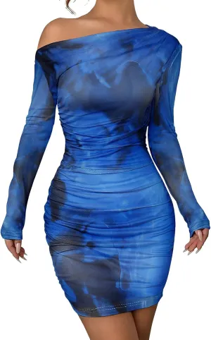Women's Long Sleeve Bodycon Mini Dress Tie Dye Print Slim Fit Asymmetrical Neck Elegant Formal Ruched Short Dresses