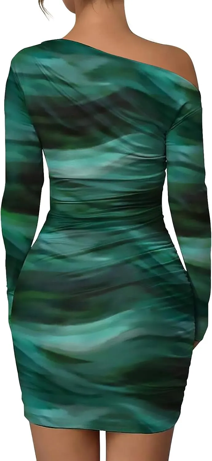 Women's Long Sleeve Bodycon Mini Dress Tie Dye Print Slim Fit Asymmetrical Neck Elegant Formal Ruched Short Dresses