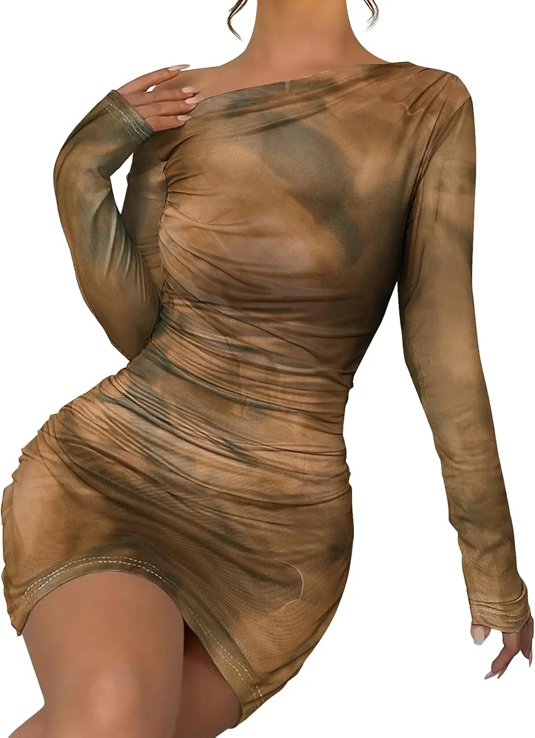 Women's Long Sleeve Bodycon Mini Dress Tie Dye Print Slim Fit Asymmetrical Neck Elegant Formal Ruched Short Dresses